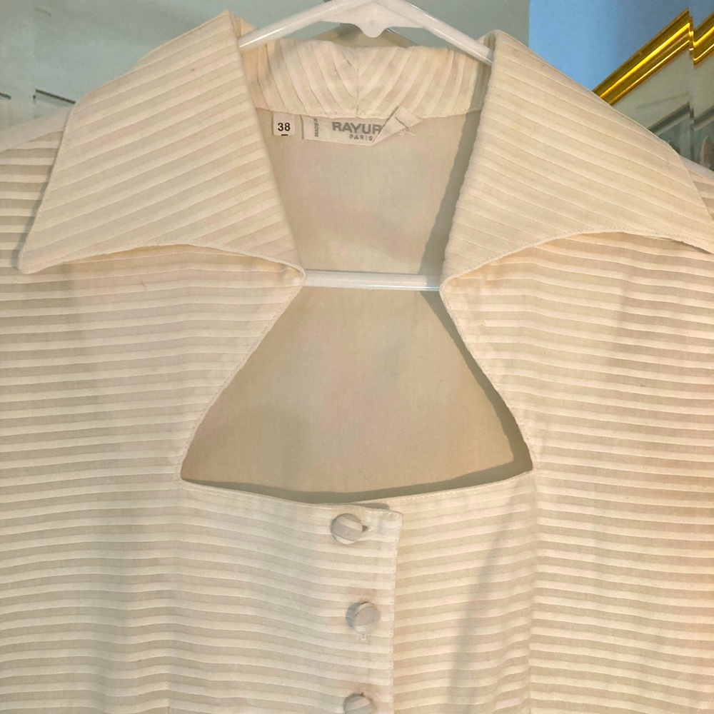 Regal French style from Paris. Textured white on white formal-wear blouse.